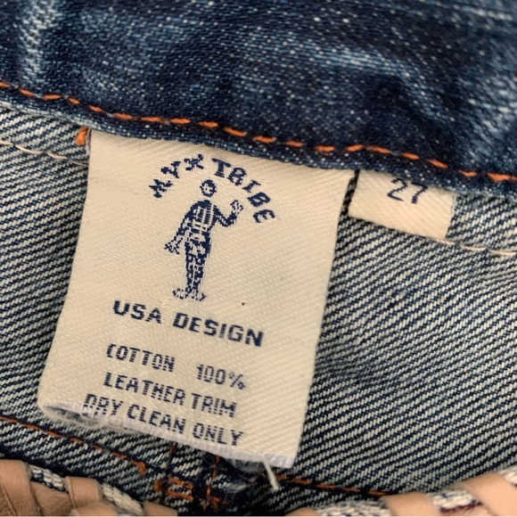 MVX Tribe | Size 27 Leather Jean USA Design 100% Cotton Leather Trim Boho Cowboy - Picture 14 of 15